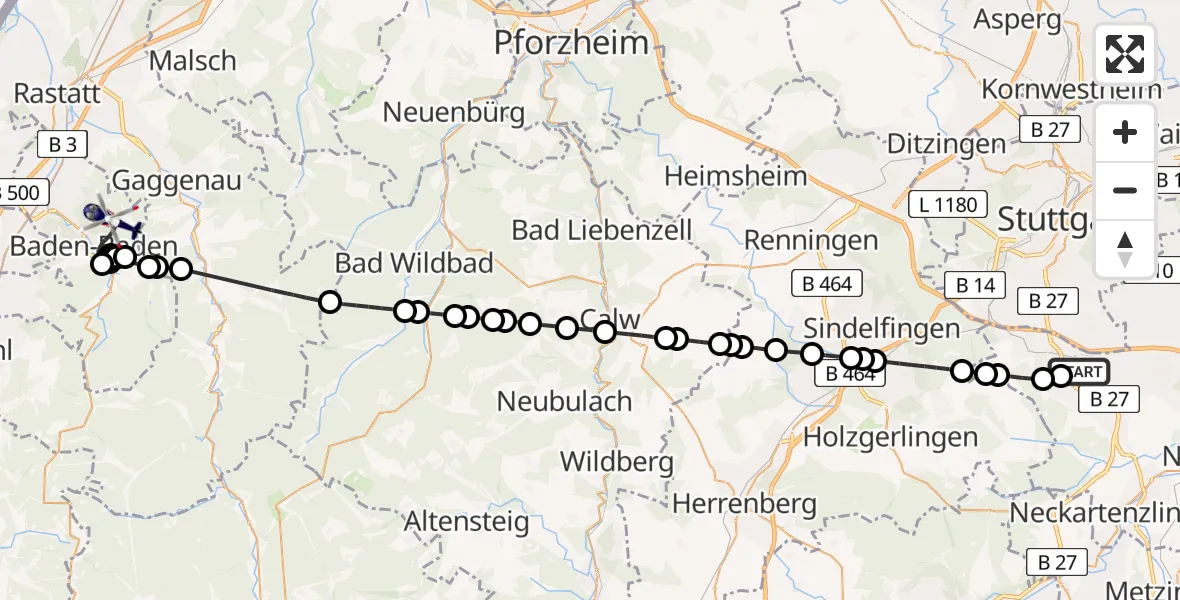 Flugroute Polizeihubschrauber Stuttgart Airport - Baden-Baden, 03 März 2026, 08:10