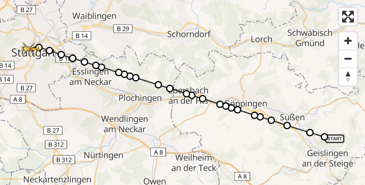 Flugroute Rettungshubschrauber Stötten - Stuttgart, 03 März 2026, 08:29