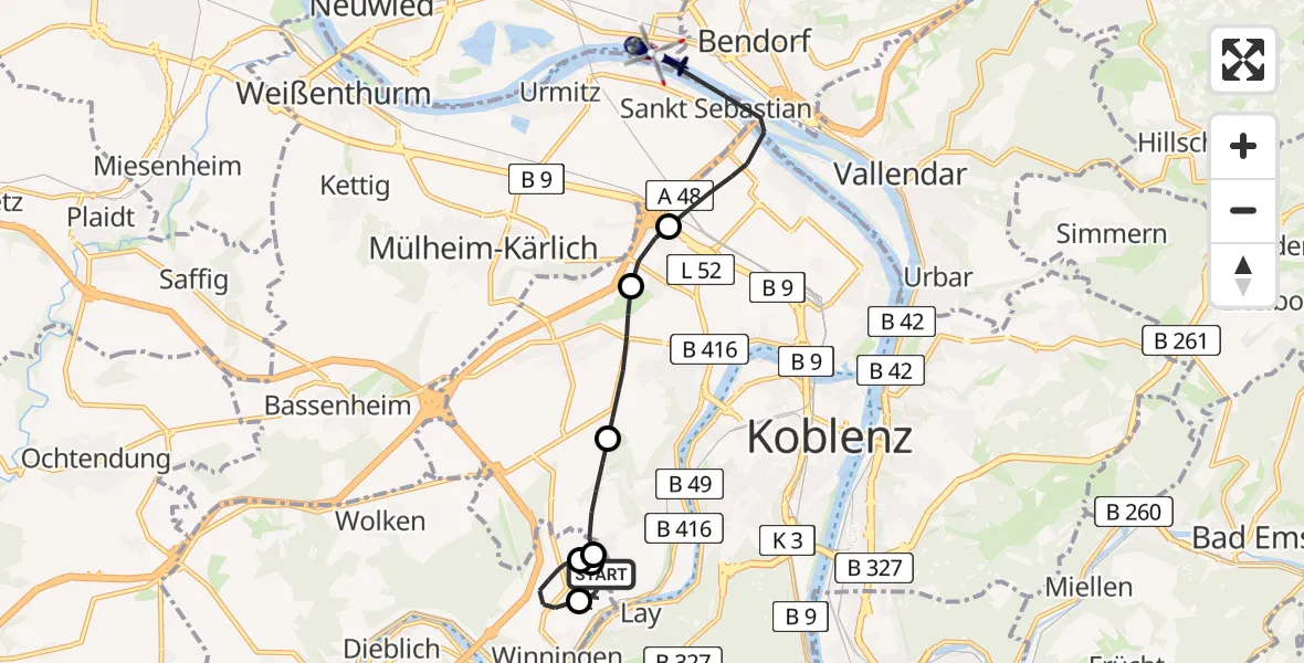 Flugroute Polizeihubschrauber Koblenz-Winningen Airfield - Neuwied, 03 März 2026, 08:43