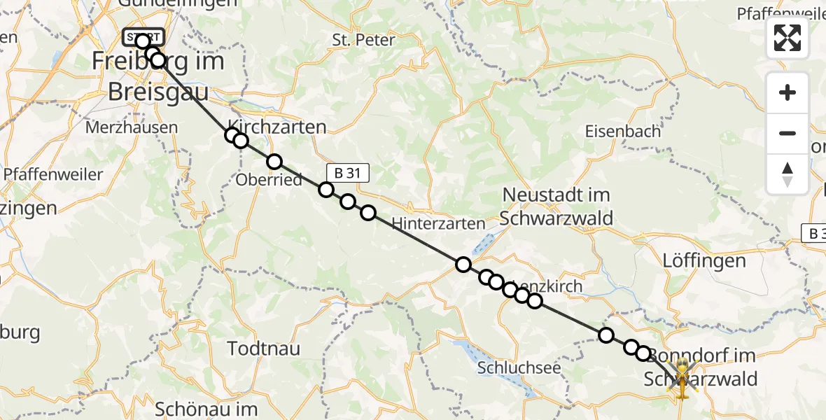 Flugroute Rettungshubschrauber Freiburg im Breisgau Airfield - Bonndorf im Schwarzwald, 03 März 2026, 08:55