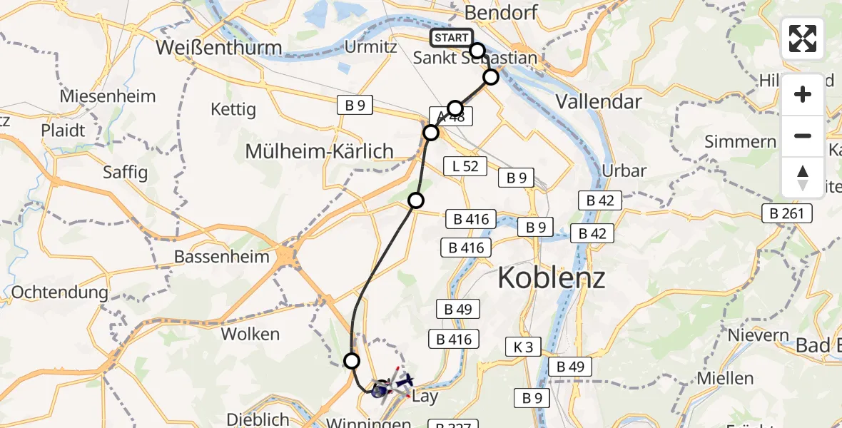 Flugroute Polizeihubschrauber Kaltenengers - Koblenz-Winningen Airfield, 03 März 2026, 09:13