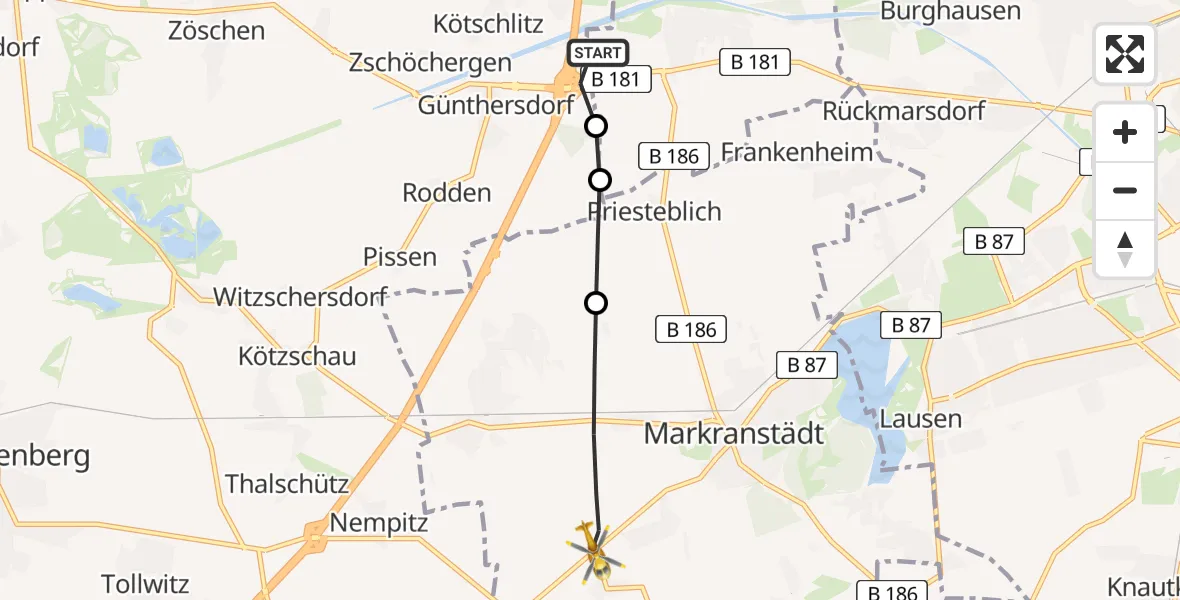 Flugroute Rettungshubschrauber ADAC Air Rescue Station Leipzig/Schkeuditz-Dölzig Heliport (Christoph 61) - Markranstädt, 03 März 2026, 09:15