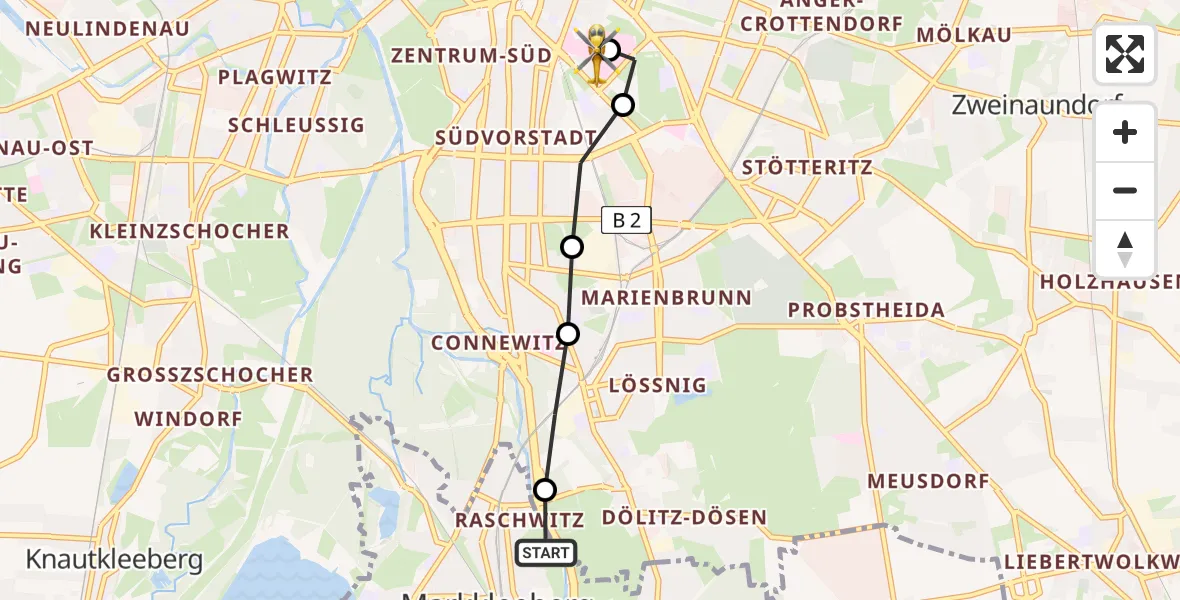 Flugroute Rettungshubschrauber Markkleeberg - Leipzig University Hospital Heliport 1, 03 März 2026, 09:17