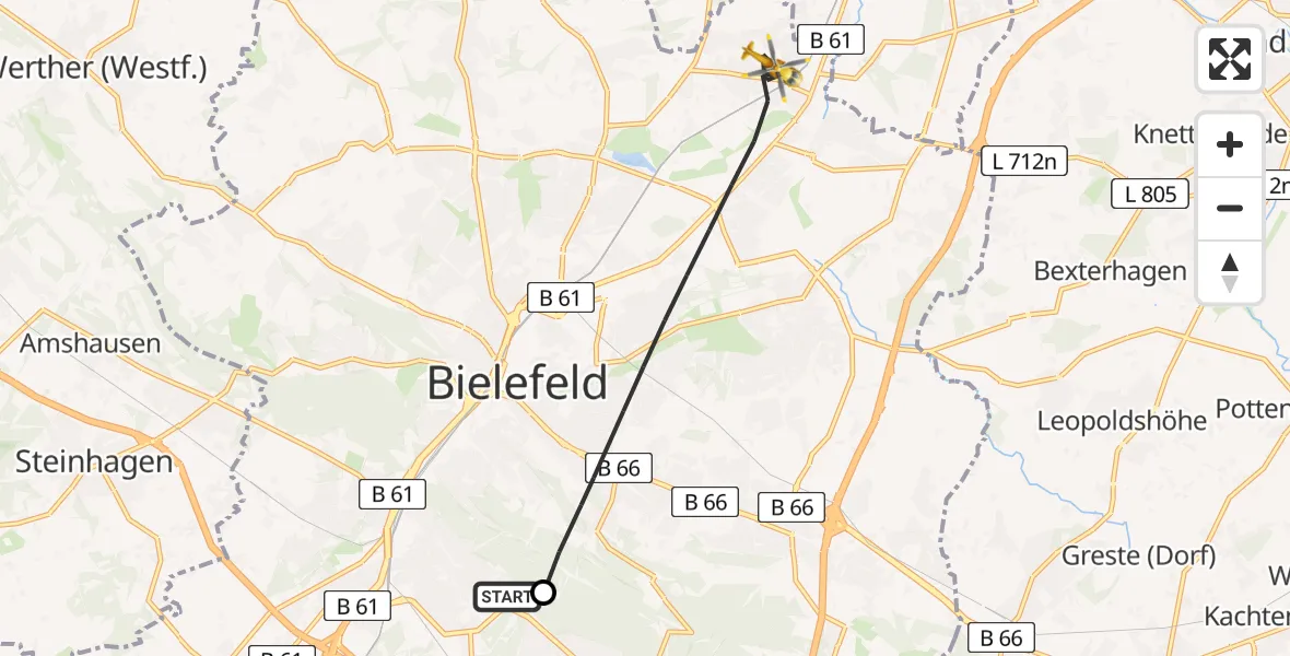 Flugroute Rettungshubschrauber Luftrettungszentrum Bielefeld - Bielefeld, 03 März 2026, 09:21