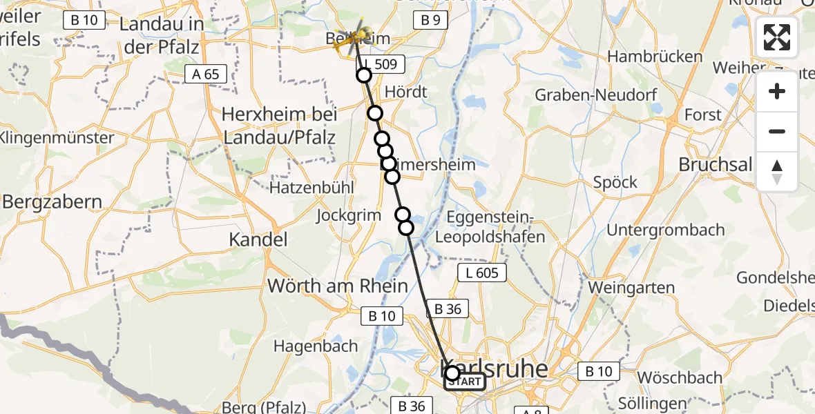 Flugroute Rettungshubschrauber Sankt Vincentius Hospital Heliport - Bellheim, 03 März 2026, 09:23