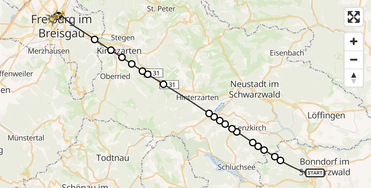 Flugroute Rettungshubschrauber Bonndorf im Schwarzwald - Freiburg University Hospital Heliport 1, 03 März 2026, 09:25