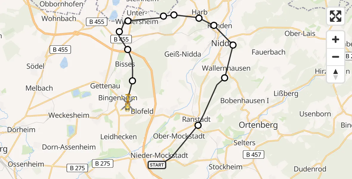 Flugroute Ambulanzhubschrauber Nieder-Mockstadt - Bingenheim, 03 März 2026, 09:29
