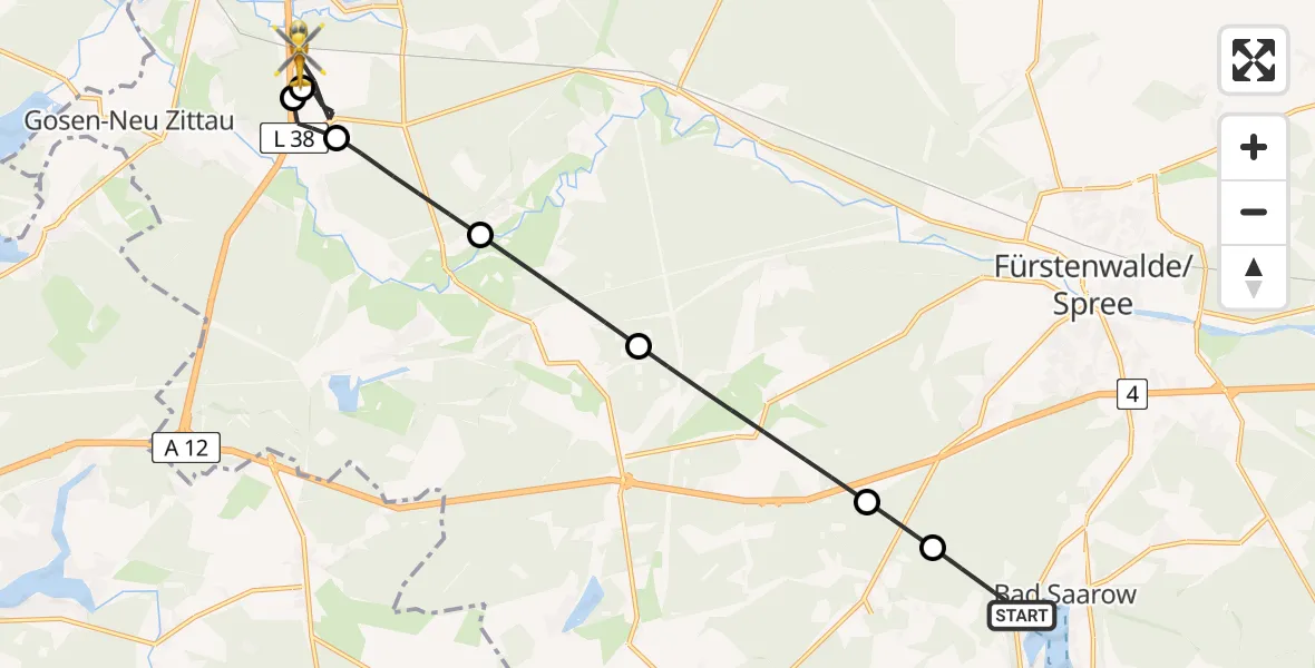 Flugroute Rettungshubschrauber Bad Saarow - Grünheide (Mark), 03 März 2026, 09:38
