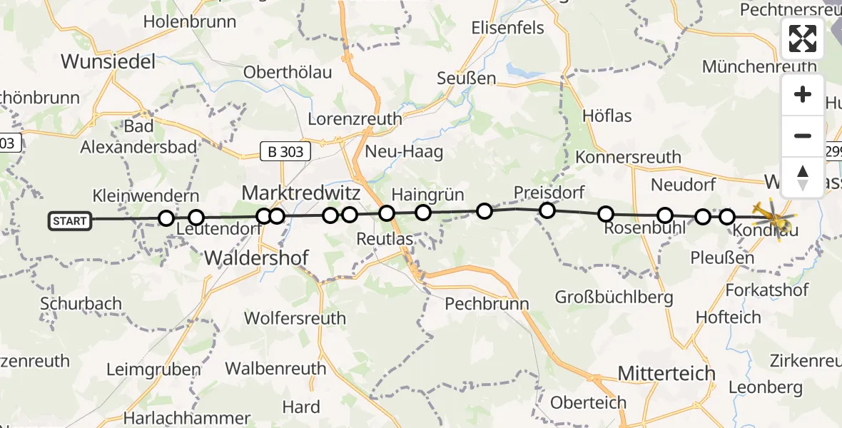 Flugroute Rettungshubschrauber Tröstauer Forst-Ost - Kondrau, 03 März 2026, 09:40