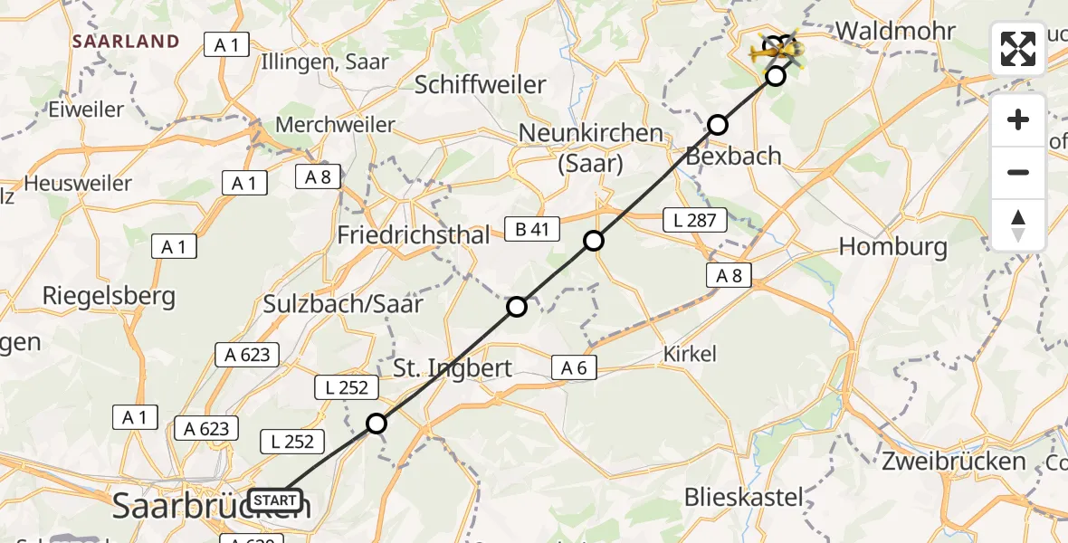 Flugroute Rettungshubschrauber Saarbrücken - Homburg, 03 März 2026, 09:44