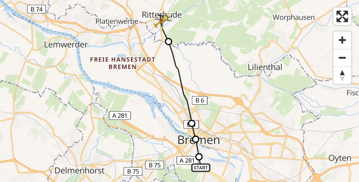 Flugroute Rettungshubschrauber Bremen Airport - Ritterhude, 03 März 2026, 09:51