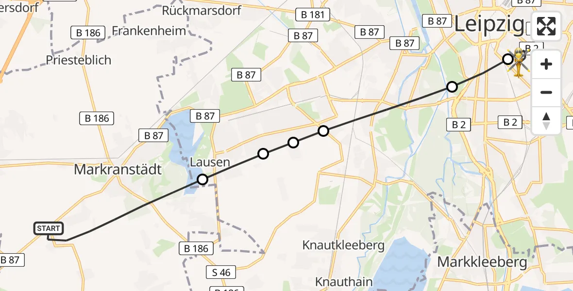 Flugroute Rettungshubschrauber Markranstädt - Leipzig University Hospital Heliport 1, 03 März 2026, 09:54