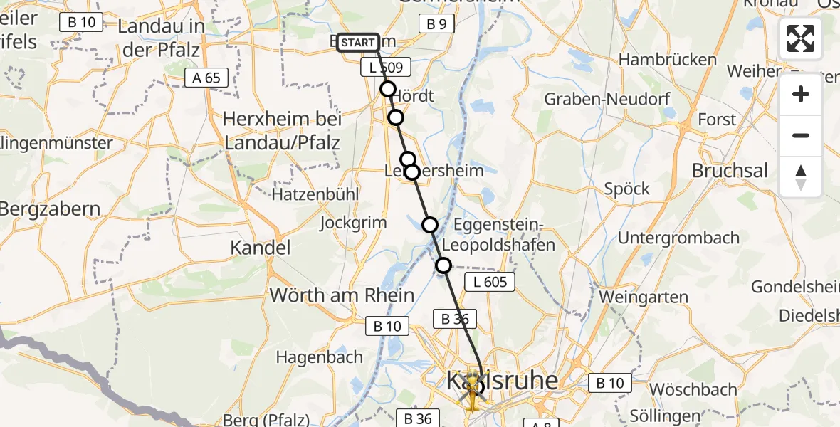 Flugroute Rettungshubschrauber Bellheim - Sankt Vincentius Hospital Heliport, 03 März 2026, 10:03