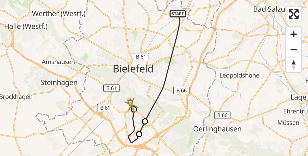 Flugroute Rettungshubschrauber Bielefeld - Luftrettungszentrum Bielefeld, 03 März 2026, 10:05
