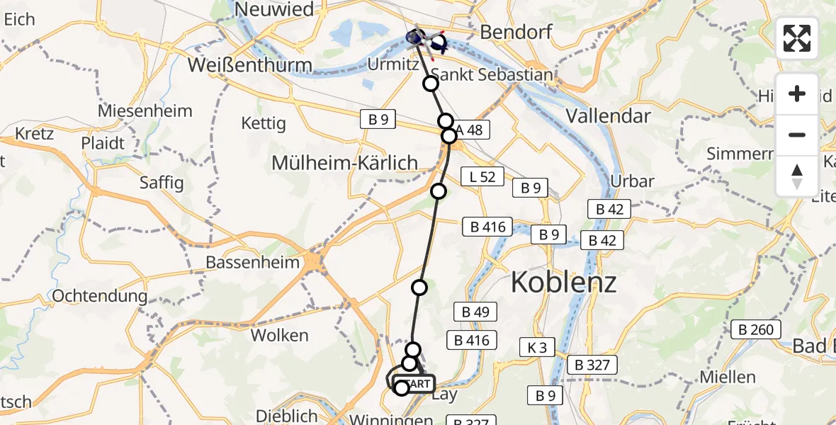 Flugroute Polizeihubschrauber Koblenz-Winningen Airfield - Kaltenengers, 03 März 2026, 10:09