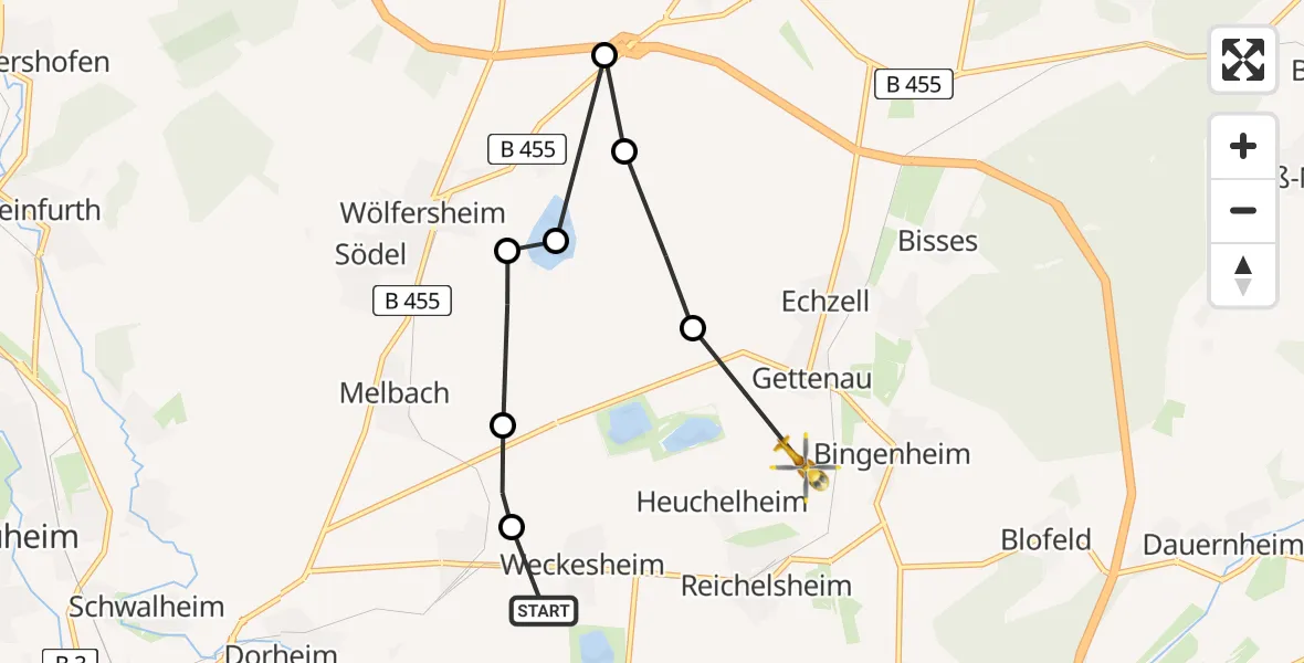 Flugroute Ambulanzhubschrauber Weckesheim - Gettenau, 03 März 2026, 10:10