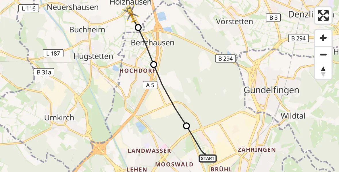 Flugroute Rettungshubschrauber Freiburg im Breisgau Airfield - Holzhausen, 03 März 2026, 10:22