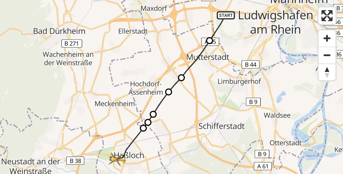 Flugroute Rettungshubschrauber Ludwigshafen am Rhein - Haßloch, 03 März 2026, 10:22