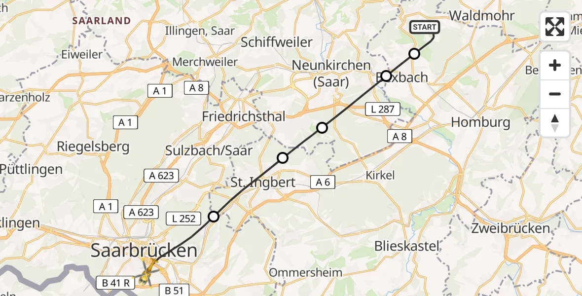 Flugroute Rettungshubschrauber Homburg - Saarbrücken, 03 März 2026, 10:25