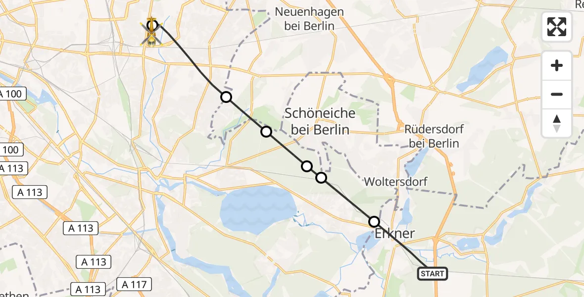 Flugroute Rettungshubschrauber Erkner - Berlin Emergency Hospital Heliport, 03 März 2026, 10:27