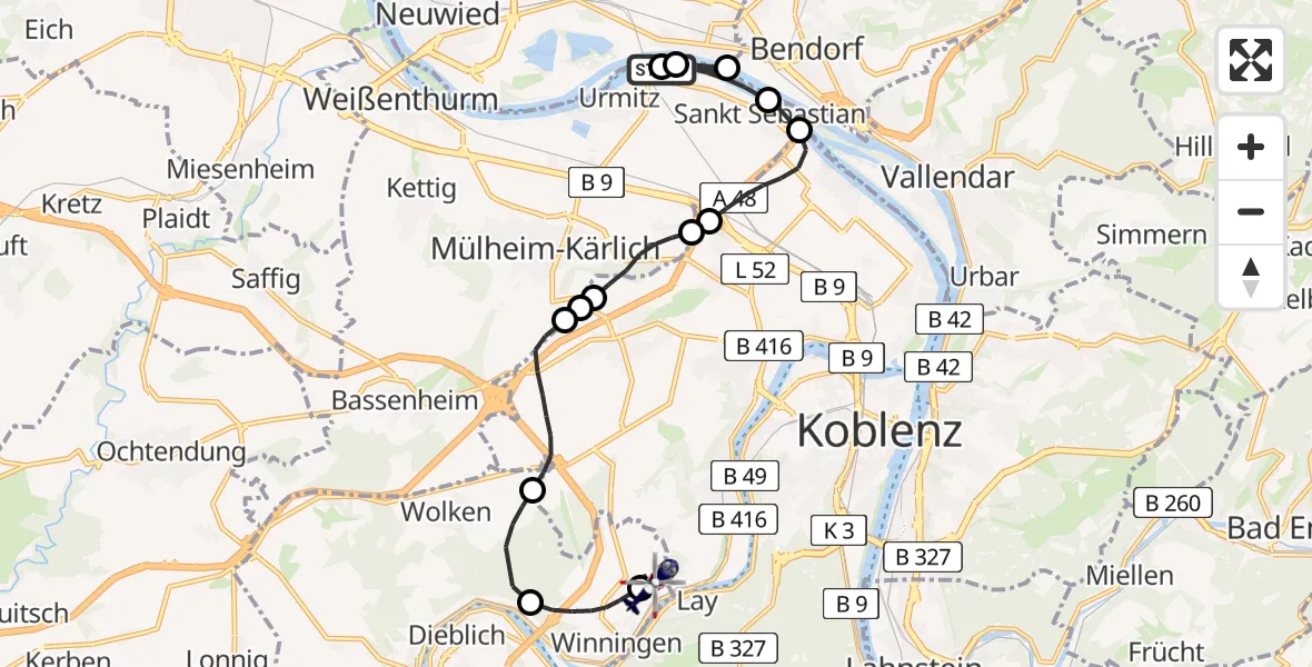 Flugroute Polizeihubschrauber Urmitz - Koblenz-Winningen Airfield, 03 März 2026, 10:35