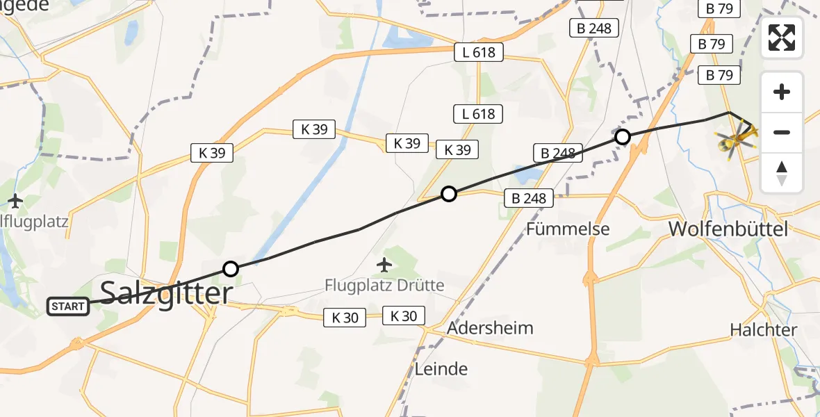 Routekaart van de vlucht: Rettungshubschrauber nach Wolfenbüttel Municipal Hospital Heliport (Christoph 30)