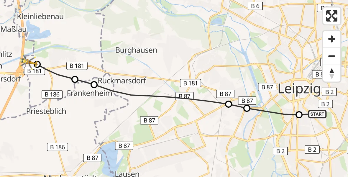 Flugroute Rettungshubschrauber Leipzig University Hospital Heliport 1 - ADAC Air Rescue Station Leipzig/Schkeuditz-Dölzig Heliport (Christoph 61), 03 März 2026, 10:36