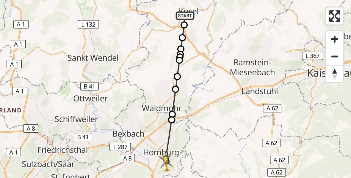 Flugroute Rettungshubschrauber Kusel - Homburg, 03 März 2026, 10:40