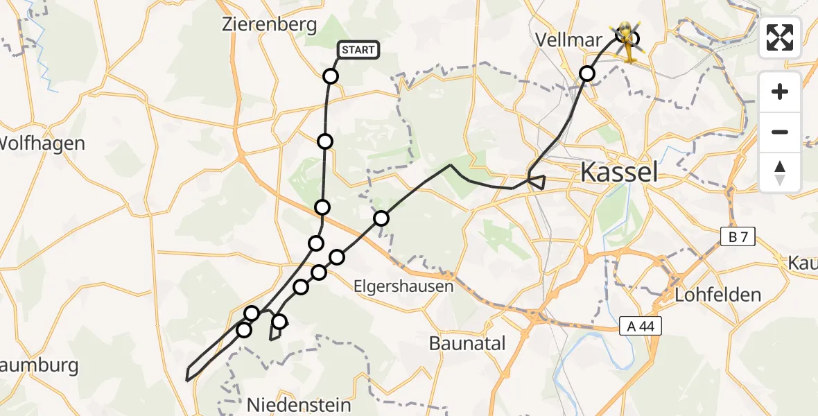 Flugroute Rettungshubschrauber Zierenberg - Fuldatal Federal Police Heliport, 03 März 2026, 10:48