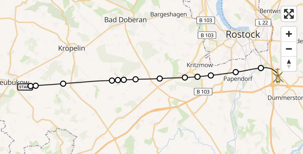 Flugroute Ambulanzhubschrauber Neubukow - Hohen Schwarfs, 03 März 2026, 10:54