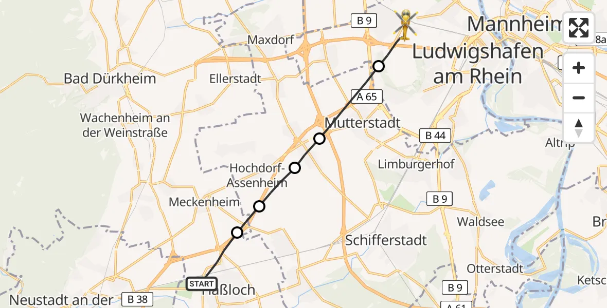 Flugroute Rettungshubschrauber Haßloch - Ludwigshafen Accident Hospital Heliport, 03 März 2026, 10:54