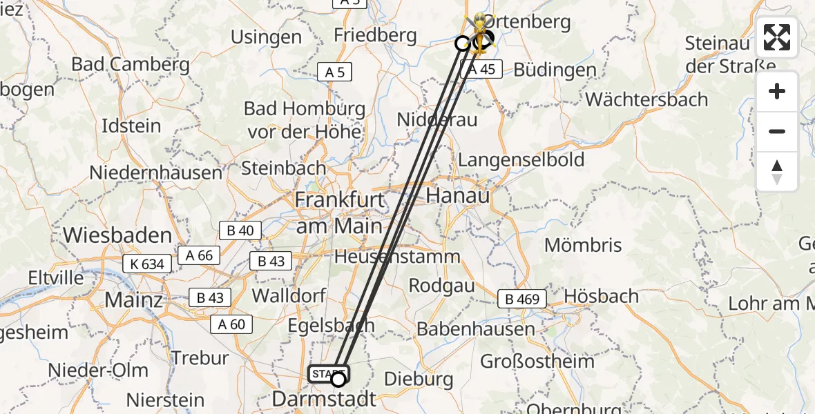 Flugroute Ambulanzhubschrauber Darmstadt - Ober-Mockstadt, 03 März 2026, 11:01