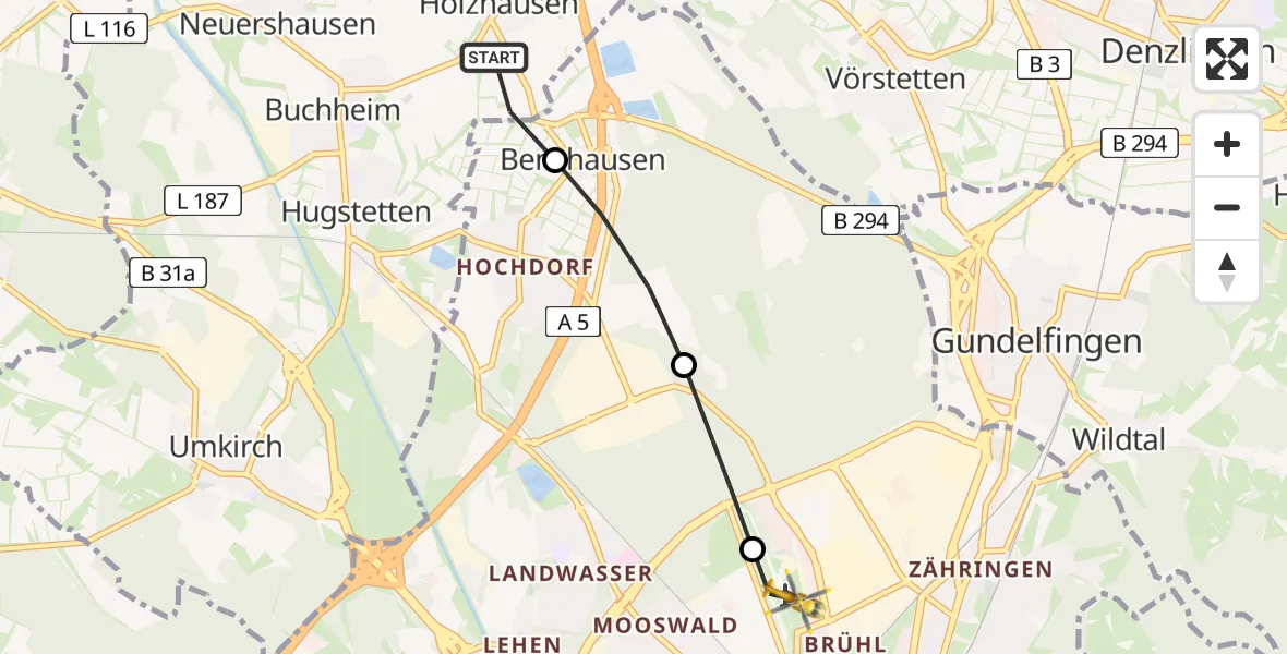 Flugroute Rettungshubschrauber Holzhausen - Freiburg im Breisgau Airfield, 03 März 2026, 11:03