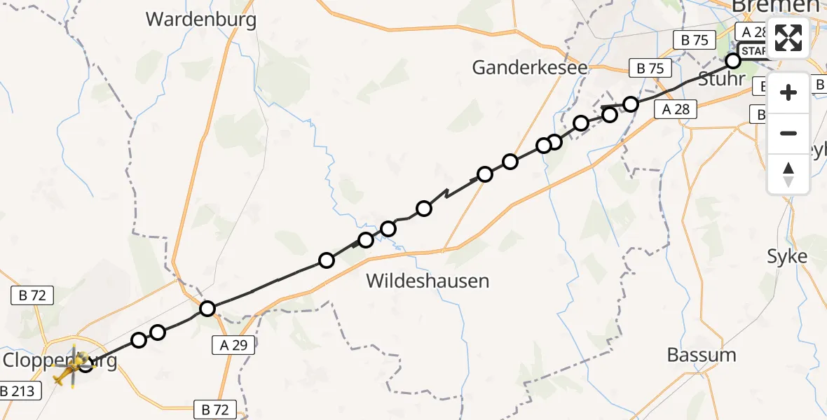 Flugroute Rettungshubschrauber Bremen Airport - Cloppenburg, 03 März 2026, 11:04
