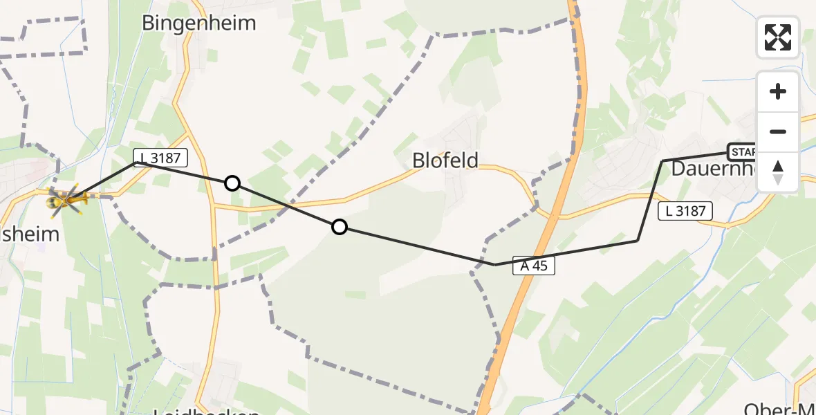 Flugroute Ambulanzhubschrauber Dauernheim - Bingenheim, 03 März 2026, 11:07