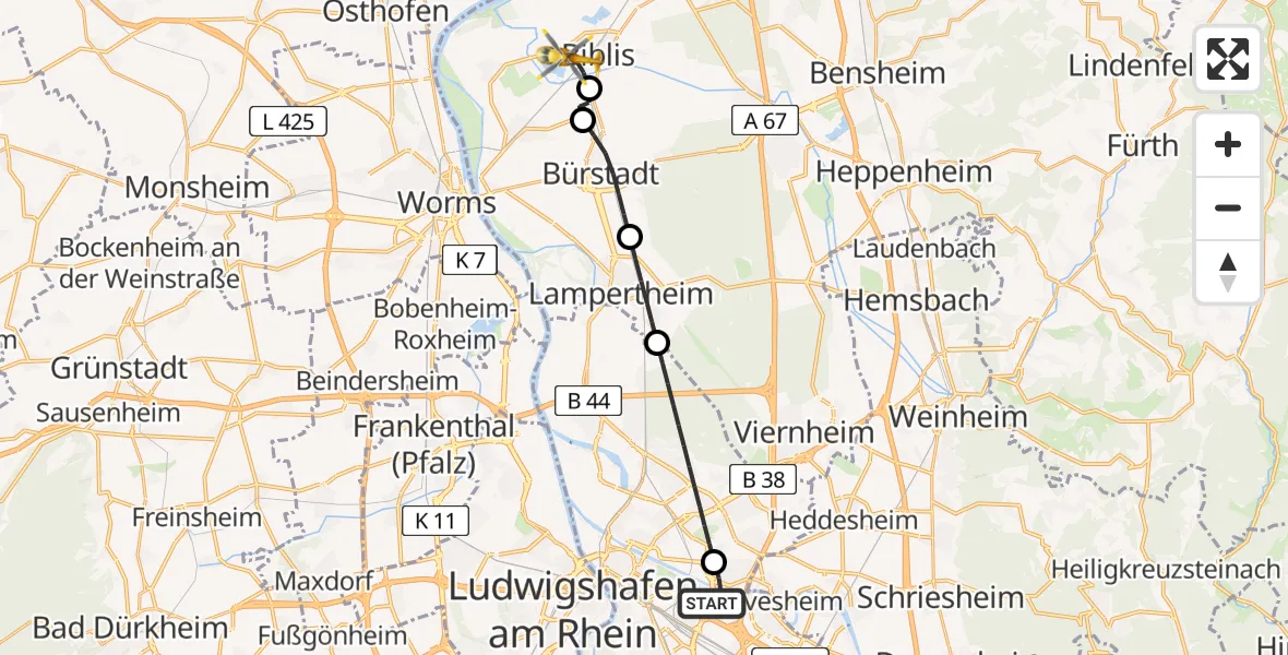 Flugroute Rettungshubschrauber Mannheim-City Airport - Biblis, 03 März 2026, 11:27