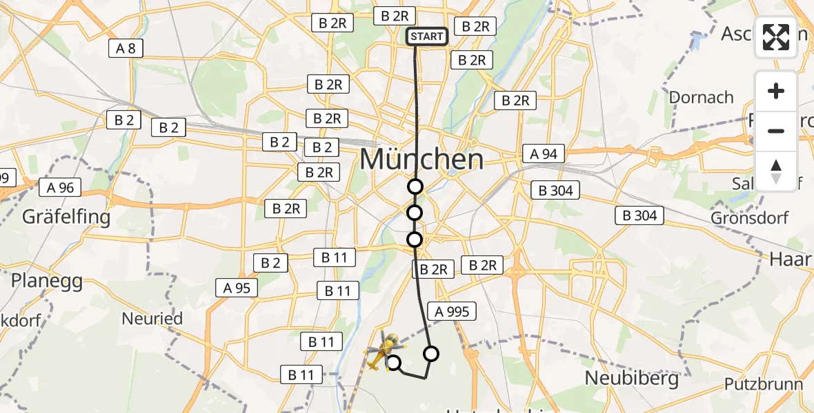 Flugroute Rettungshubschrauber München - ADAC Air Rescue Center Heliport (Christoph 1), 03 März 2026, 11:29