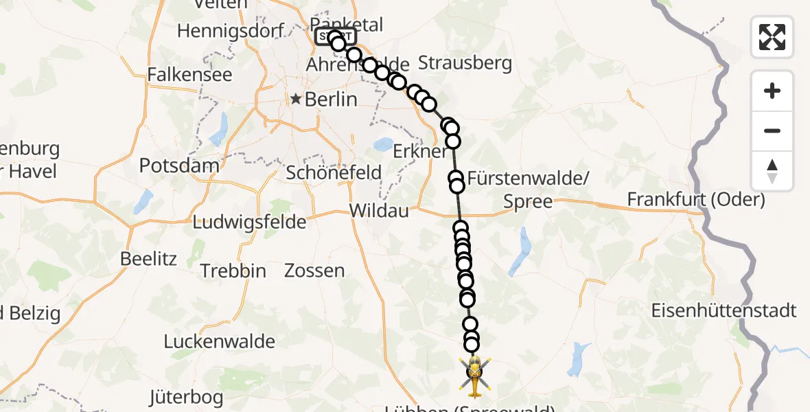 Flugroute Ambulanzhubschrauber Helios Clinic Berlin-Buch Heliport - Schlepzig, 03 März 2026, 11:40