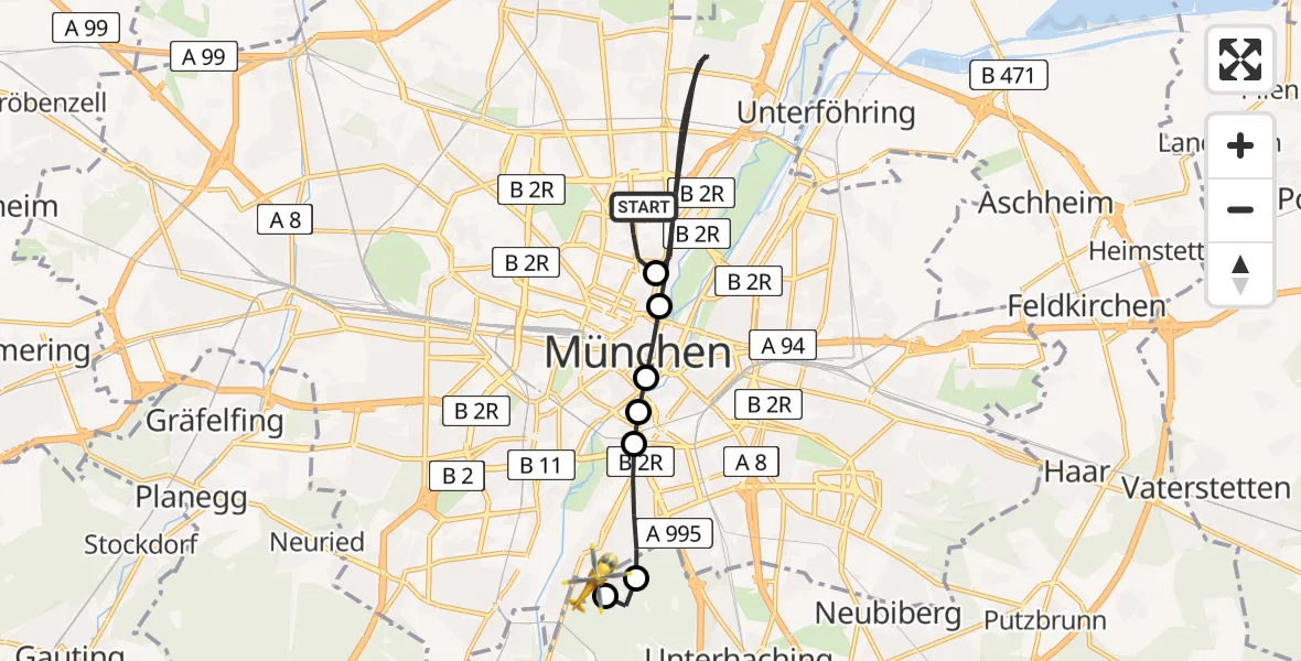 Flugroute Rettungshubschrauber München - ADAC Air Rescue Center Heliport (Christoph 1), 03 März 2026, 11:42