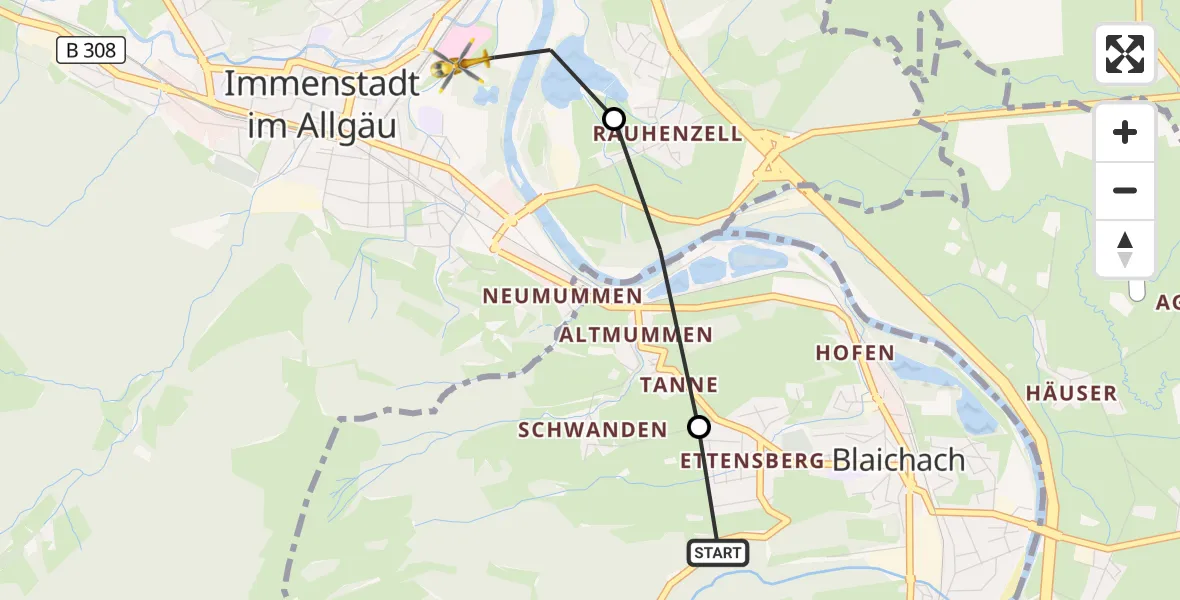 Flugroute Rettungshubschrauber Gunzesried - Immenstadt im Allgäu, 03 März 2026, 11:46