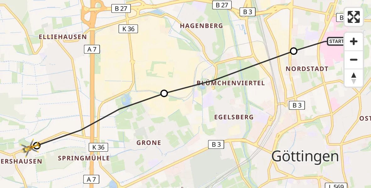 Flugroute Rettungshubschrauber Göttingen University Clinic Heliport - Göttingen, 03 März 2026, 11:46