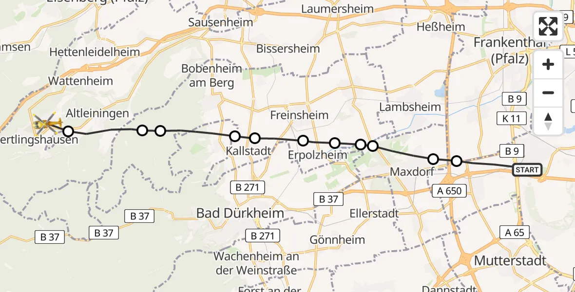 Flugroute Rettungshubschrauber Ludwigshafen am Rhein - Hertlingshausen, 03 März 2026, 11:47