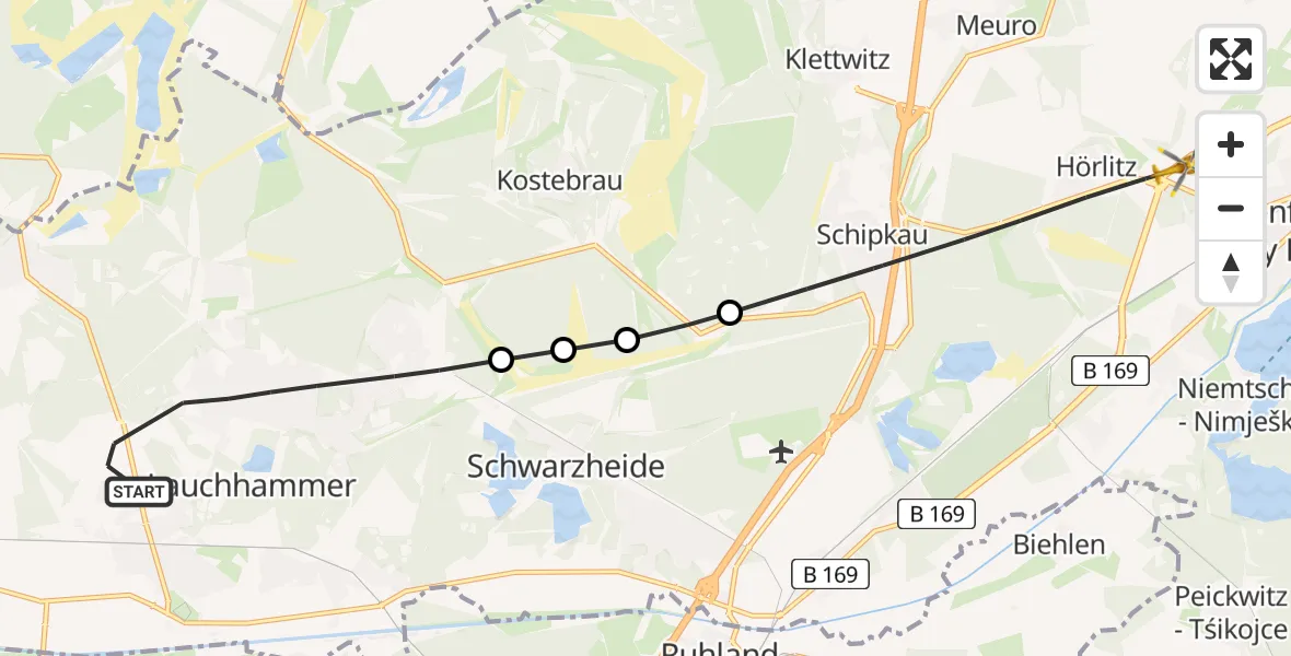 Flugroute Rettungshubschrauber Lauchhammer - Senftenberg, 03 März 2026, 11:48