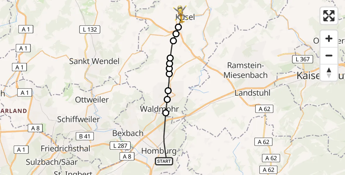 Flugroute Rettungshubschrauber Homburg - Kusel, 03 März 2026, 11:48