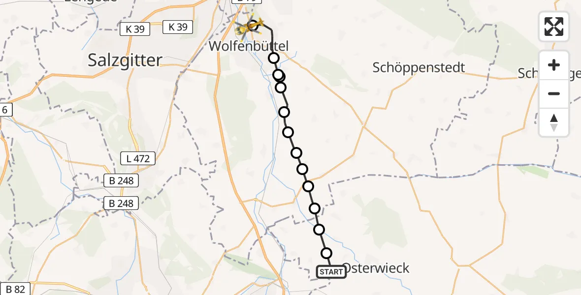 Flugroute Rettungshubschrauber Osterwieck - Wolfenbüttel Municipal Hospital Heliport (Christoph 30), 03 März 2026, 12:04
