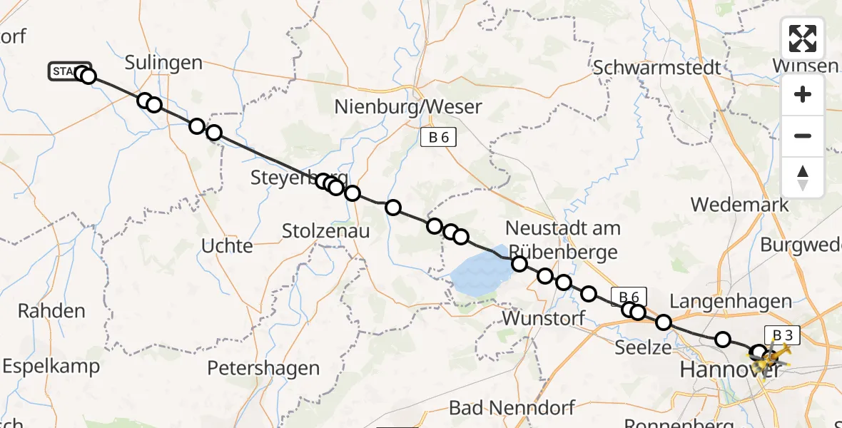 Flugroute Rettungshubschrauber Freistatt - Hannover Air Rescue Heliport (Christoph 4), 03 März 2026, 12:06