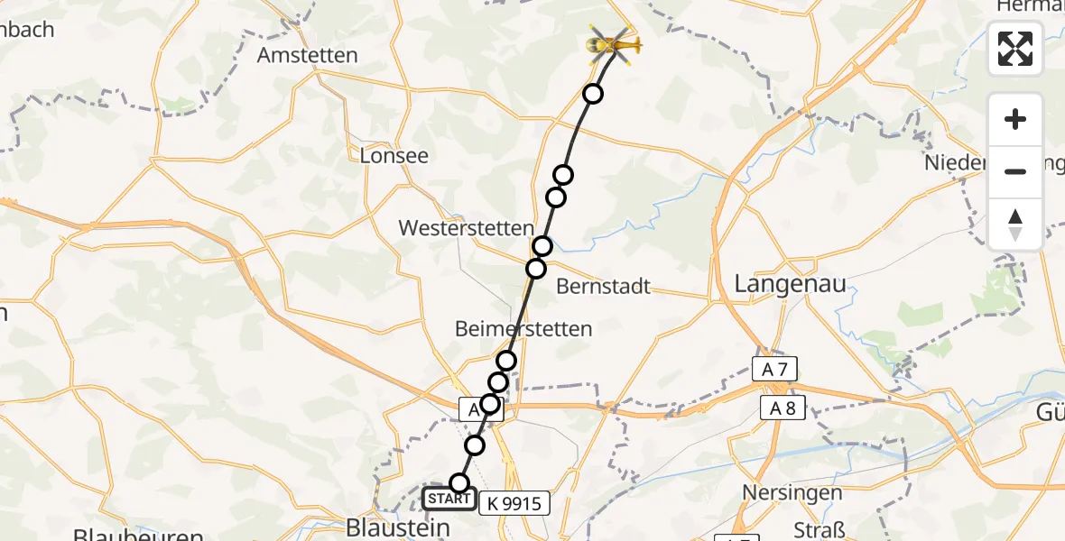 Flugroute Rettungshubschrauber ADAC Air Rescue Station Ulm (Christoph 22) - Altheim (Alb), 03 März 2026, 12:11