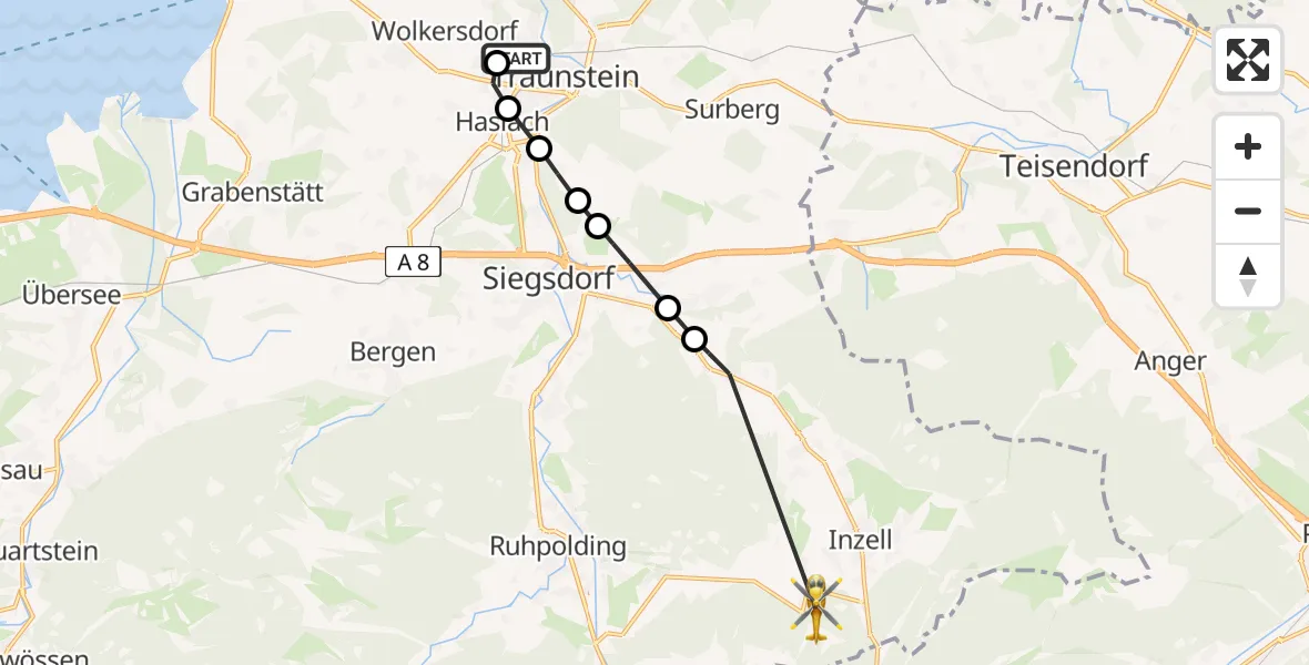 Flugroute Rettungshubschrauber Traunstein Hospital Helipad - Inzell, 03 März 2026, 12:17