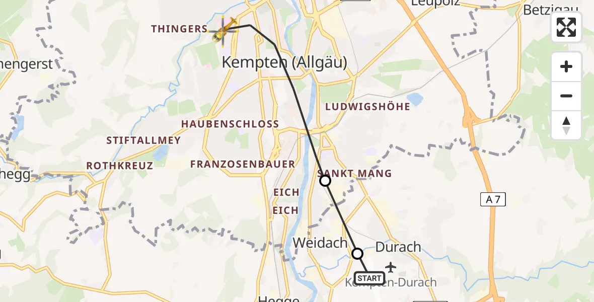 Flugroute Rettungshubschrauber Kempten-Durach Airfield - Kempten (Allgäu), 03 März 2026, 12:25