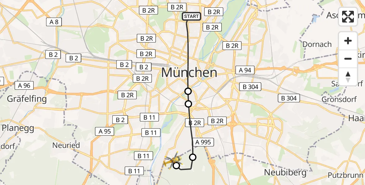 Flugroute Rettungshubschrauber München - ADAC Air Rescue Center Heliport (Christoph 1), 03 März 2026, 12:33